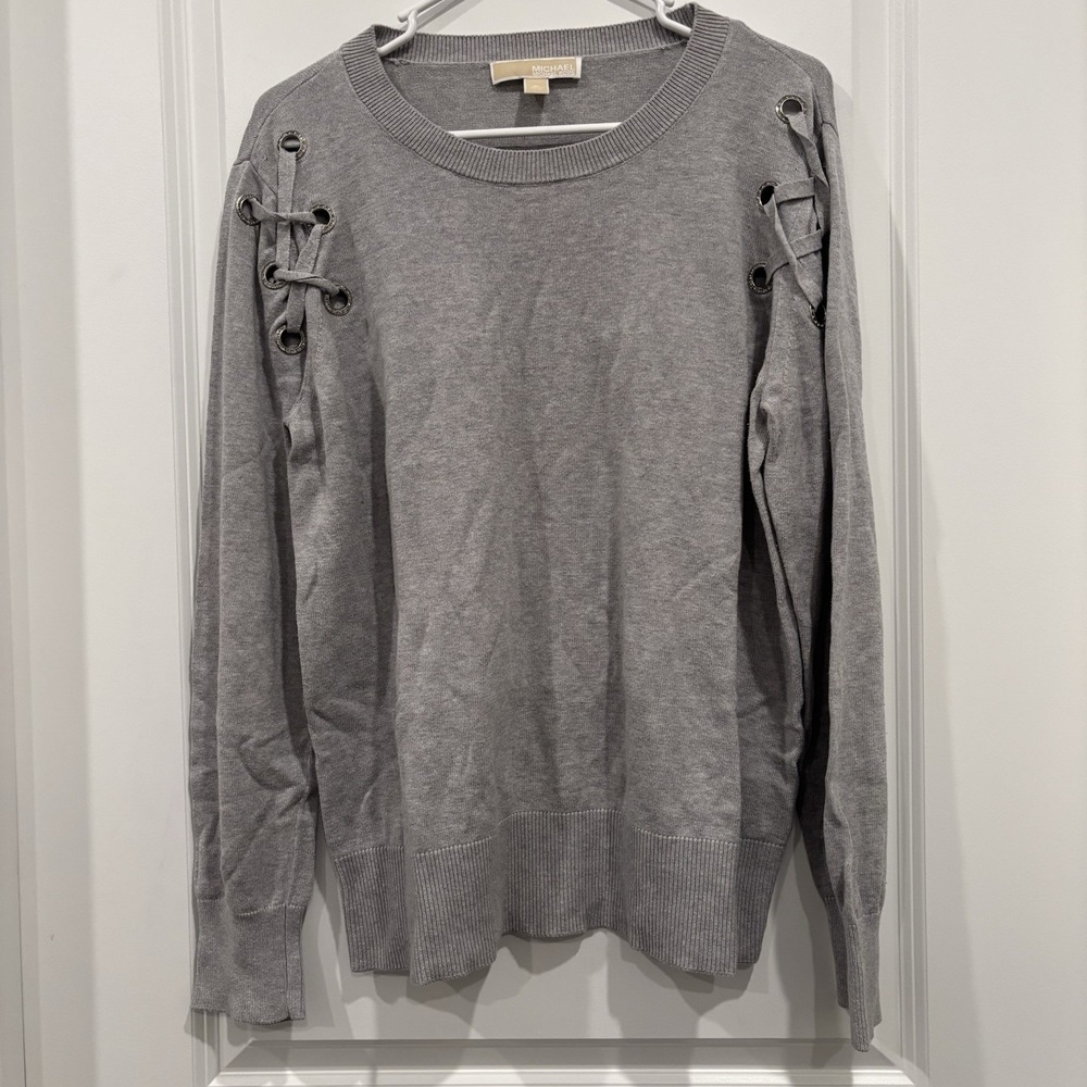 Michael Kors Knit Gray Lace-Up Shoulder Sweater Silver Grommet Women's Size XL